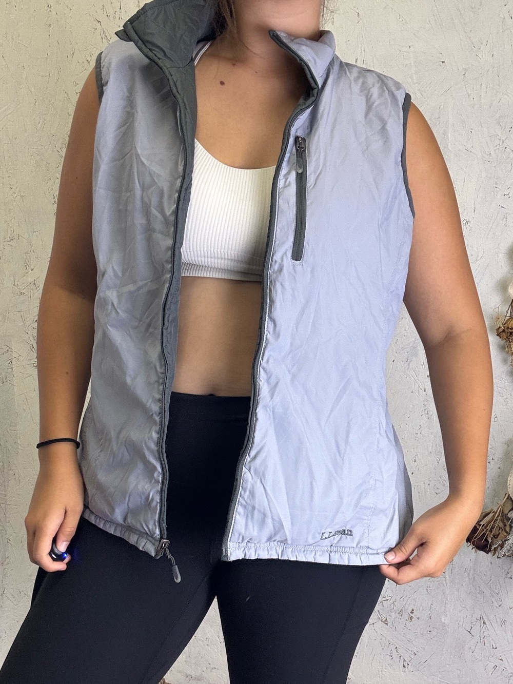 LL Bean Reversible Quilted Green Grey Outdoor Hiking Vest Size Large - Picture 4 of 5